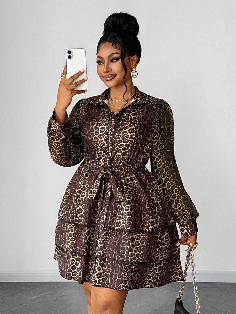 Maweii Vestido midi de mujer talla grande, elegante y vintage con cintura ceñida, estampado de leopardo y volantes en el bajo - Multicolor - Ver 1