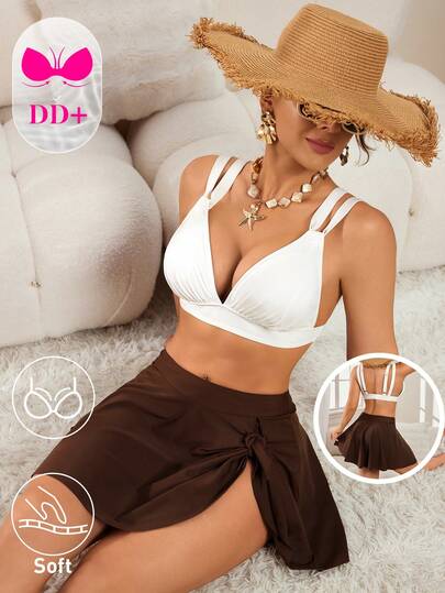 Swim DD+ Conjunto de bikini de verano para mujer con contraste de color y fruncido sexy