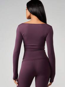 MISSGUIDED Women Long Sleeve Ruched Detail V Neck Fitted Top With Side Gathering Athletic Activewear Workout Shirt Fall Winter - Brown - View 2