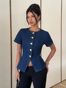 Siren Gaze 女士前扣短袖牛仔夹克 - 深色水洗藍 - 查看 6