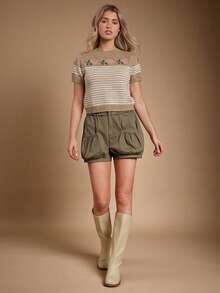 WESTFADE Áo len dệt kim cổ tròn tay ngắn phồng dáng rộng thoải mái họa tiết hoa sọc, thích hợp mặc mùa thu, đông, phong cách boho, miền Tây, đồng quê, đi xem hòa nhạc. - Cà phê nâu - Xem 4