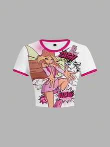 The Winx x SHEIN Women's Fashion Contrast Trim Cartoon Portrait Graphic Cropped T-Shirt, Summer - White - View 1