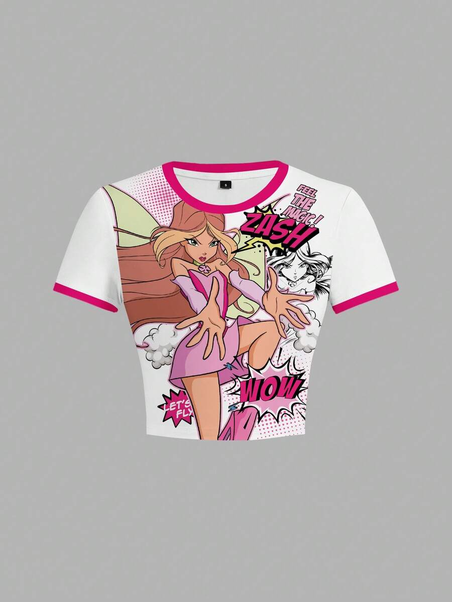 The Winx x SHEIN Women's Fashion Contrast Trim Cartoon Portrait Graphic Cropped T-Shirt, Summer - White - View 1