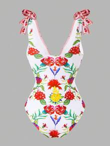 Swim Oasis 女士沙滩装 - 波西米亚风印花，深V领花卉饰边，时尚休闲性感度假连体泳衣带裙 - 彩色 - 查看 7