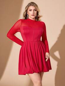 Hourglow Plus Size Women's Solid Color Round Neck Long Sleeve Mesh Fashion Dress/Autumn /Winter - Red - View 4
