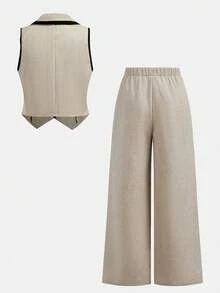 Firerie Kids Tween Girl Casual Commuter Contrast Collar Black & Apricot Top Shirt Top And Straight Leg Pants 2 Pieces Set - Apricot - View 2