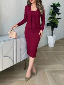 Vestido largo corte lápiz tirantes escote cuadrado blazer tela ligera manga larga conjunto 2 piezas - Rojo - Ver 3