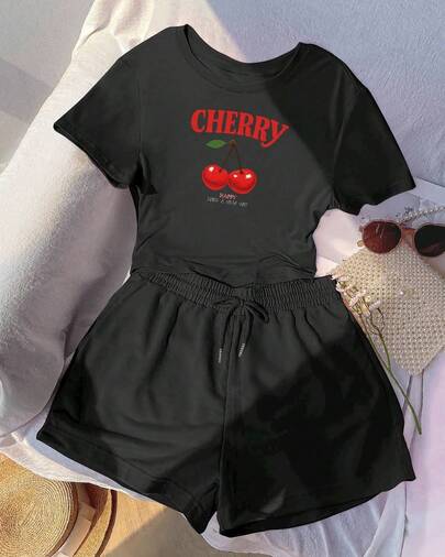 Sed de 2 piezas de camiseta y pantalones cortos con estampado de Cherry