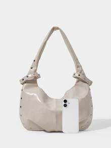 SHECARRY Women's Plain Color Minimalist Large Capacity Shoulder Bag, Casual For Daily Use - Beige - View 4