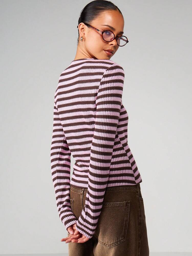 MISSGUIDED Horizontal gestreifter Strickjacke mit Knopfverschluss, Langarm Top für Herbst und Winter zum Layering