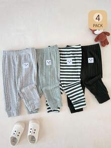 SHEIN 4pcs Baby Boys' Casual Daily Elastic Waist Fleece Uneven Ribbed Striped Dark Green Green Gray Embroidered Smiling Face Embroidered Patch Pants, Comfortable For Outings Or Home, Suitable For Spring/Autumn - Multicolor - View 9