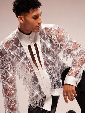 FeverCity Camisa de hombre con malla de lentejuelas de moda e innovadora