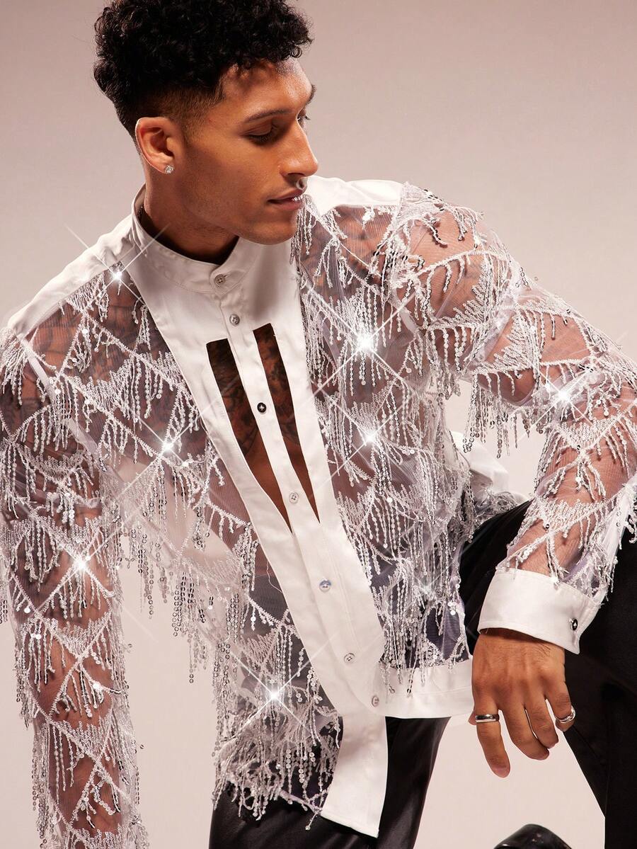 FeverCity 时尚创新亮片网眼男士衬衫