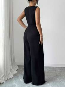 SHEIN Raffinéa 法式优雅假日连体裤，透明亮片拼接，后拉链开合；腰部织物腰带，泡泡袖褶皱设计，阔腿裤 - 酒紅色 - 查看 2