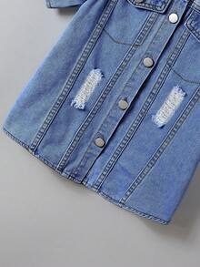 Conjunto de camisa de manga corta y pantalones cortos de mezclilla para niños preadolescentes (2 piezas) - Azul lavado medio - Ver 4