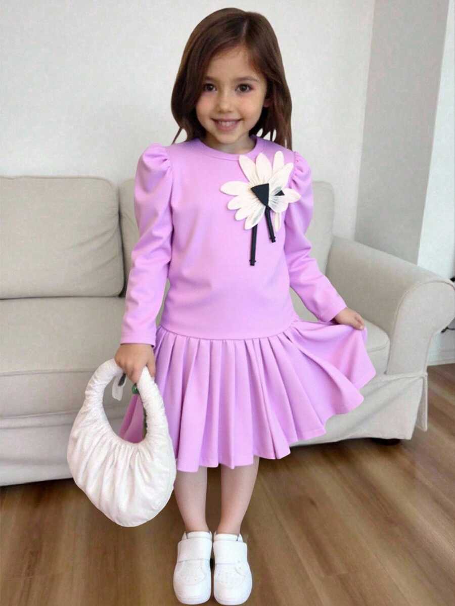 SHEIN Elladie kids 女童时尚白色花朵装饰褶皱下摆黑色圆领长袖连衣裙,舒适时尚,秋冬款 - 紫色 - 查看 1