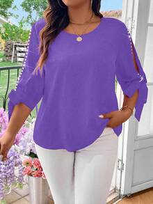 EMERY ROSE Áo kiểu nữ cỡ lớn, chất liệu dệt trơn, trễ vai, thắt nơ ngọc trai, thanh lịch, thường ngày. - Màu tím - Xem 3