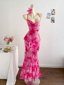 Soleia 女士彩色复古印花垂褶领口层叠荷叶边下摆连衣裙，度假风 - 彩色 - 查看 3