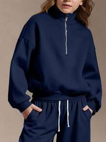 SHEIN 少女四分之一拉链宽松卫衣和宽松运动裤套装，返校季、秋冬季、舒适秋季、圣诞节、可爱休闲日常胶囊衣橱、Y2K街头风，灰色 - 藏蓝色 - 查看 4