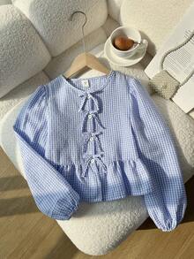 SHEIN Tween Girls' Casual Holiday Shirt With Bow Decor, Cute Bow Accent, Ruffle Hem Long Sleeve Round Neck Loose Fit Blue Striped Sleeve Ruffle Hem Blouse, Spring/Autumn/Summer, Casual Everyday Wear, Long Sleeve Top Shirt