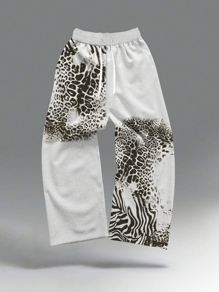 Manfinity EMRG Men's White Leopard Design Loose Casual Pants , High Street Mixed Animal Print ,,Fashion Elastic Drawstring Waist , Wide Leg Straight Cut , Unisex Couple Style , Luxury Resort Vacation Trousers,Fashion Casual Leopard & Zebra Print Straight Leg Pants, Digital Print