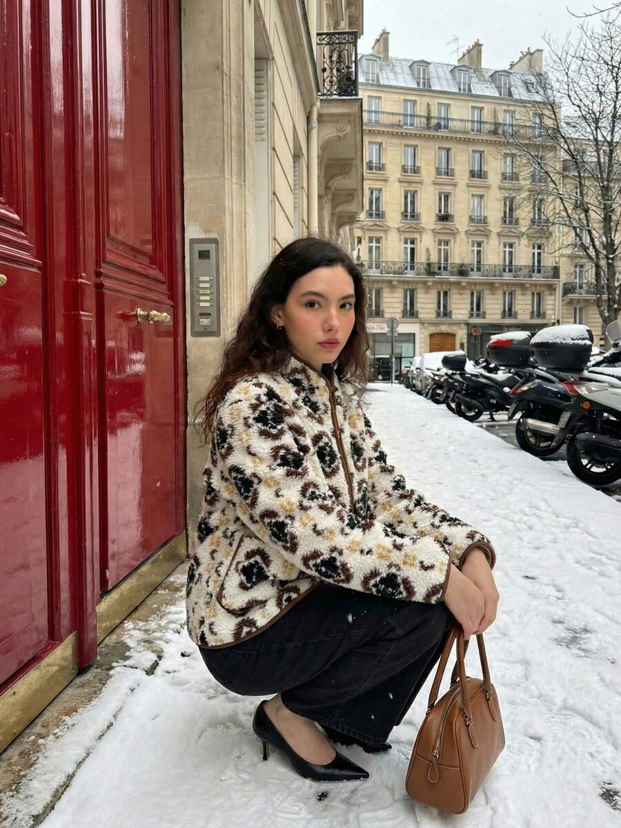 lacRébo Cream Floral Print Sherpa Jacket With Contrast Piping And Snap Button Closure Autumn Winter Spring Women Clothes Spring Winter Women's Jackets Crop Jackets For Women Cropped Jackets Bomber Jacket French Style Parisian Style - Chocolate Brown - View 1