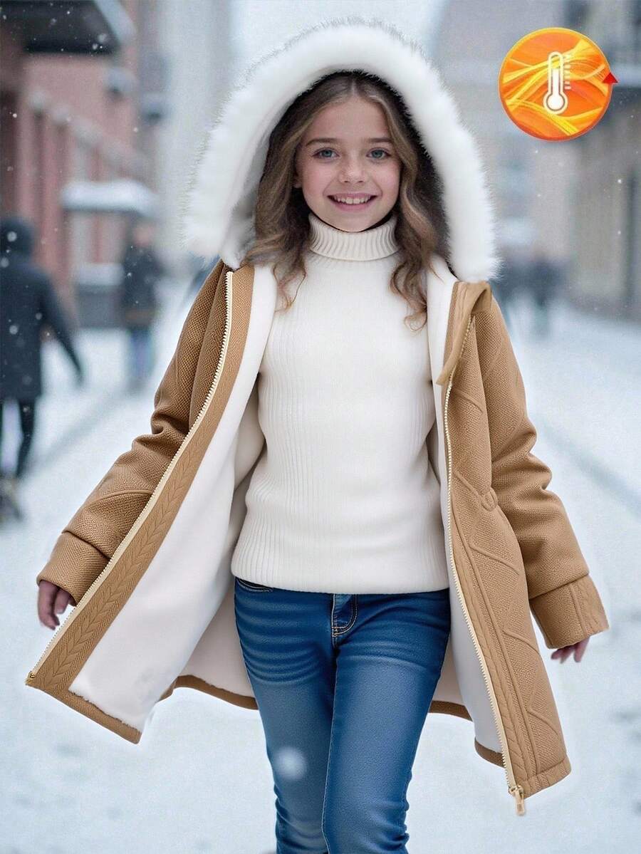 SHEIN 少女休闲百搭多功能保暖毛领中长连帽针织外套，适合上学和日常穿着，秋冬季 - 卡其色 - 查看 1