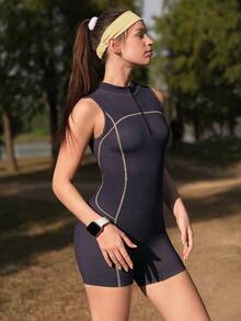 SHEIN In My Nature Contrast Stitching Sleeveless Fitted Outdoor Romper Compression Jumpsuit Compression Bodysuit Women Seamless Workout Jumpsuits Sports Romper Women Sports Jumpsuit Women - Black - View 4