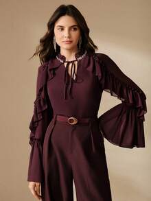 Anewsta Women's Elegant Flare Sleeve Round Neck Tie Waist Ruffle Trim Chiffon Blouse, Purple - Purple - View 4