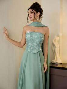 Poshira 女士花卉亮片缎带设计优雅正式礼服 - 綠色 - 查看 7