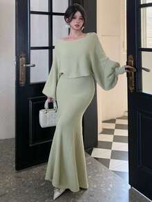 DAZY Bộ 2 món váy không tay trơn màu thanh lịch và áo len tay bồng cho nữ, Thu/Đông - màu xanh lá - Xem 5