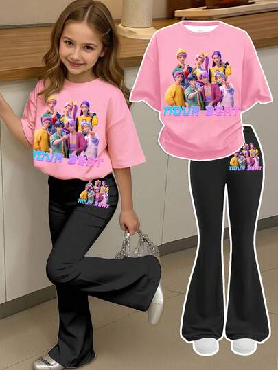 SHEIN 2pcs/Set Young Girl Cartoon Dopamine Color, K-POP Character Print Crew Neck Short Sleeve T-Shirt And Flare Pants, Casual Retro Sweet Style Suitable For Summer, Street Vibe, Casual Campus Sports, Outdoor Picnic, Street Photography, Home