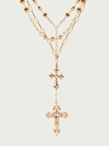 Glisma 1 Pc Golden Color Heart Chain Cross Necklace Y Chain Pendant Necklaces Layering Necklaces Set Cross Jewelry - Gold - View 1