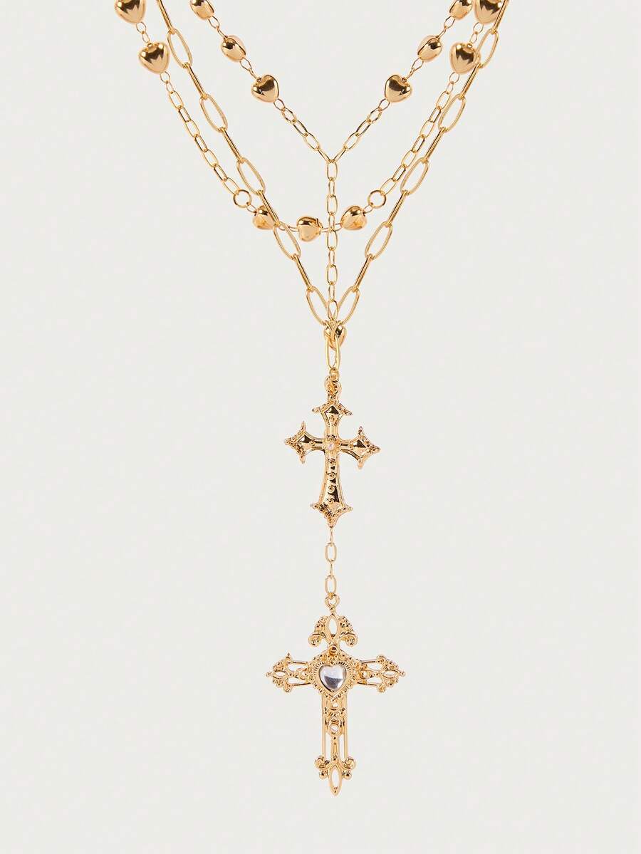 Glisma 1 Pc Golden Color Heart Chain Cross Necklace Y Chain Pendant Necklaces Layering Necklaces Set Cross Jewelry - Gold - View 1