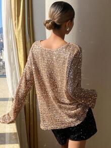 DAZY Women's Fashionable Commuter Sequin Round Neck Long Sleeve T-Shirt New Years Women Outfit Glitter Top Carnival - Khaki - View 4