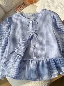 圆领长袖休闲度假衬衫，饰有蝴蝶结，可爱蝴蝶结装饰，荷叶边下摆，宽松常规蓝色条纹荷叶边袖衬衫，适合春/秋/夏季日常休闲穿着，长袖上衣