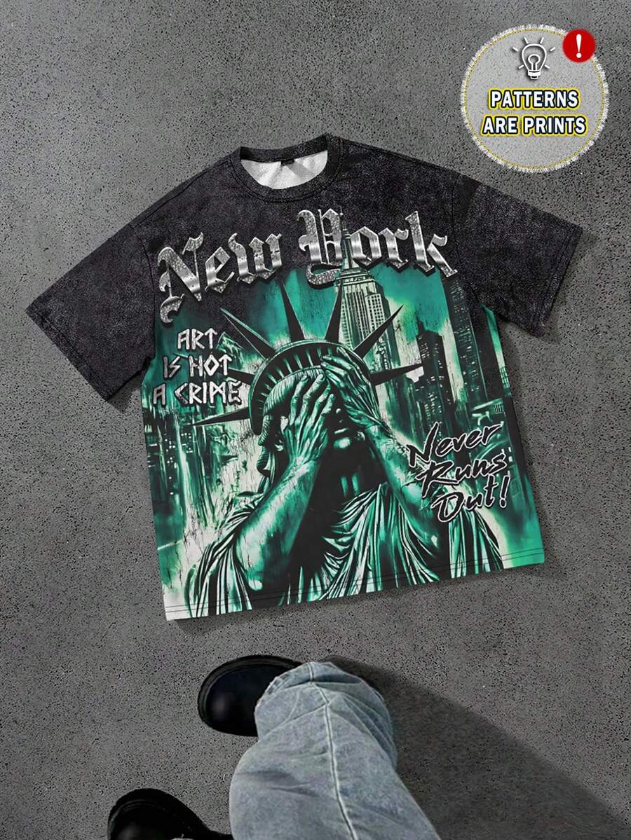 GENIUS ODE 男士休闲纽约印花短袖 T 恤，夏季