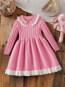 Young Girl Colorblock Peter Pan Collar Long Sleeve Cute Knitted Dress, Autumn/Winter - Pink - View 4