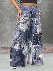 ROMWE EDITION Quần jeans ống rộng in họa tiết denim thời trang cỡ lớn - Màu xanh lam - Xem 5