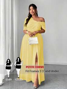 SHEIN PETITE CURVE 大码女士优雅浪漫雪纺单肩开衩连衣裙，适合婚礼宾客、圣诞派对、新年庆祝活动 - 黃色 - 查看 1