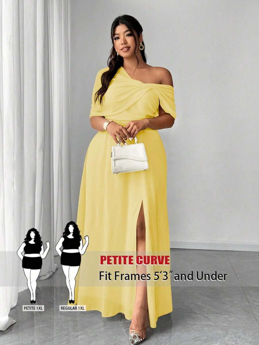 SHEIN PETITE CURVE 大码女士优雅浪漫雪纺单肩开衩连衣裙,适合婚礼宾客、圣诞派对、新年庆祝活动 - 黃色 - 查看 1