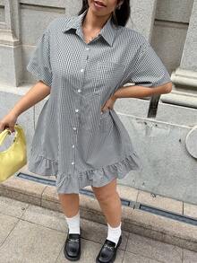 GalTyme 大码夏季休闲格子前扣连衣裙 - 黑與白 - 查看 1