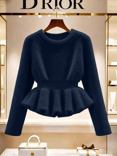 Franclia Women's New Autumn/Winter Gentle Lady-Like Solid Color Round Neck Long Sleeve Ruffle Hem Sweater Peplum Tops Dark Blue Top Peplum Top Women Navy Blue Sweater Peplum Blouse