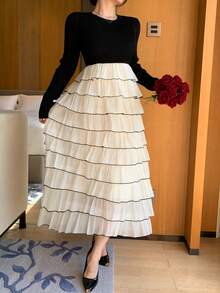 DAZY Women's Elegant Color Block Ruffle Hem Sweater Dress, Autumn/Winter