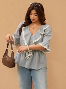 Elaquor Plus Size Women Casual Striped Patchwork Ruffle Trim Loose Blouse, Versatile For Spring/Summer Ruffle Blouse Ruffled Top Casual Blouses For Women Western Tops For Women Spring Outfit Women Spring Set For Women - Multicolor - View 5