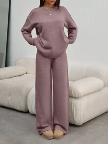 EURMUSE Women Round Neck Rib Knitted Sweater And Sweater Pant 2pcs Sets Co-Ord