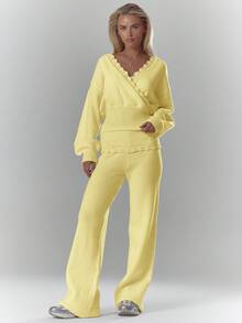 MUSERA Soft Rib Crochet Knit Crossover Detail Cinched Long Sleeve Top Only Fall Autumn Cosy Cute Casual Coffee Club  Chic Spring Y2k - Yellow - View 3