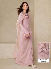 Graceveil Elegant Women's Long Sleeve Knit Dress With Oblique Neckline, Applique, Mesh Ribbons, Textured Fabric, Fitted Silhouette, Pink Color - Pink - View 8