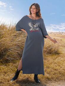 Boho Mama 孕妇休闲鹰纹侧开衩连衣裙，夏季 - 黑色 - 查看 7