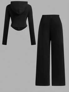 Tween Girls 2pcs Solid Drawstring Hoodie Top And Wide Leg Pants Set, Casual For Spring/Autumn, Daily Wear - Black - View 3